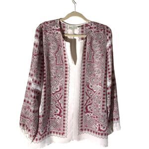 Adrianna Vittadini Paisley Split Neck Blouse XL Boho Tunic Top Red White
